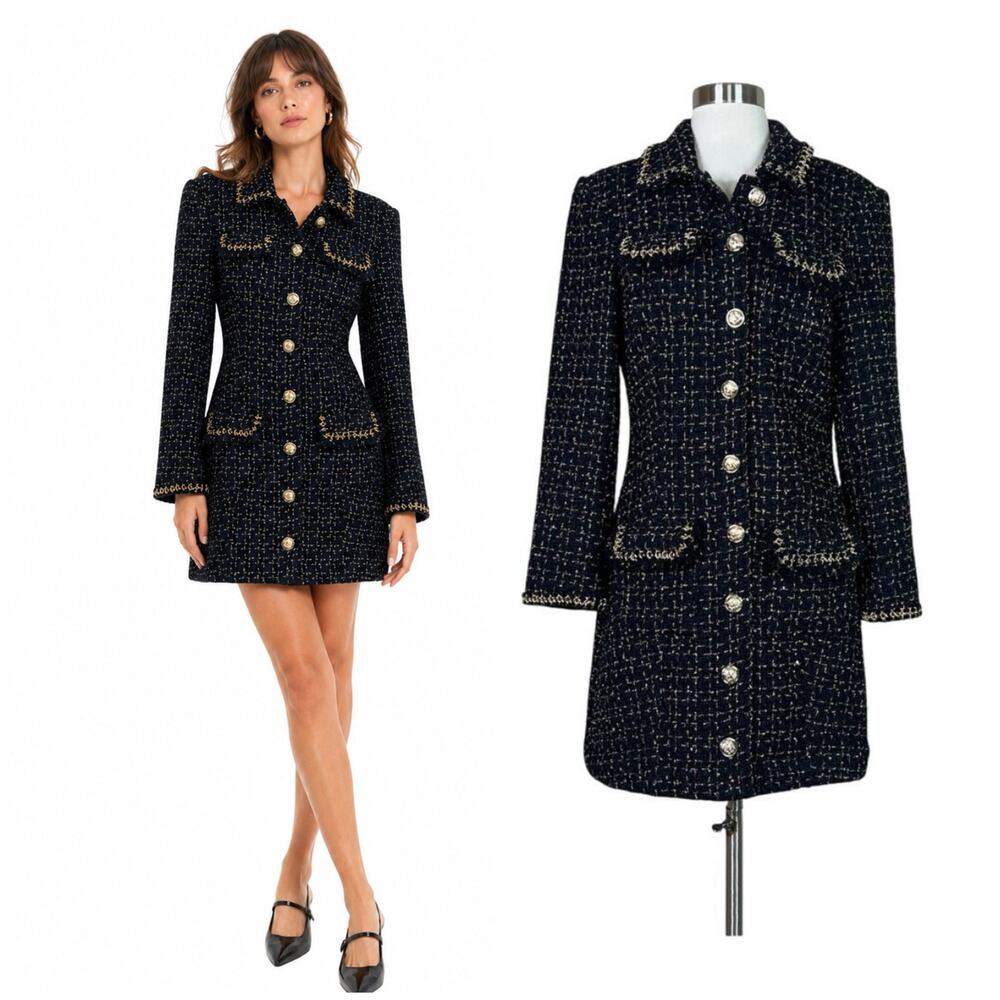 Cinq a Sept | Sasha Black Gold Tweed Button Front Designer Mini Dress Size 6